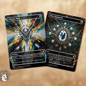 May include: Two collectible trading cards, "Chrome Mox" and "Mox Diamond," feature detailed fantasy art. "Chrome Mox" has a silver emblem on a colorful background. "Mox Diamond" displays a large, ornate jewel. The cards are labeled "Artifact."