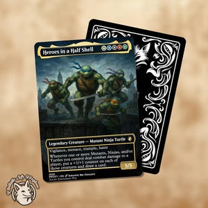 May include: A collectible card featuring the Teenage Mutant Ninja Turtles, titled "Heroes in a Half Shell." The card depicts the turtles in action, with text describing their abilities. A black card with a white decorative design is behind it.