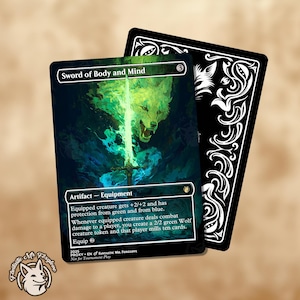 May include: A Magic: The Gathering card titled "Sword of Body and Mind" featuring a green wolf and a glowing sword. The card has a black border and text describing its abilities. A second card with a decorative black and white design is visible.