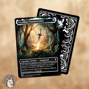 May include: A fantasy card featuring the text "Excalibur, Sword of Eden" with a detailed illustration of a glowing sword in a forest. The card's back is black with white decorative swirls. A small logo of a fox is in the bottom left corner.