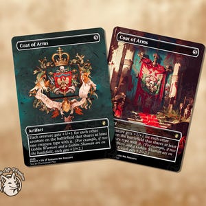 May include: Two "Coat of Arms" artifact cards. One card features a detailed crest with a crown, shield, and banner on a teal background. The other card displays a red banner with skulls. Both cards have text describing their function.