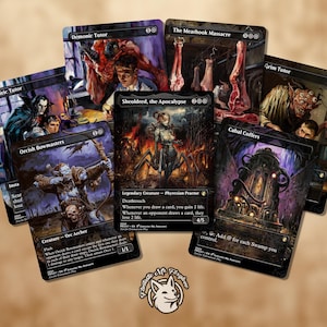 Plus de 7 produits de base noirs | Cartes proxy : jusqu'à 36 cartes ! Démoniaque, sinistre, tuteur vampirique, Sheoldred l'Apocalypse, archers, Meathook, coffres, etc.