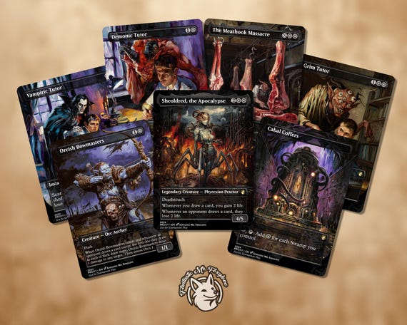 7+ Black Staples | Proxy Cards—Up to 36 Cards!—Demonic, Grim, Vampiric Tutor, Sheoldred the Apocalypse, Bowmasters, Meathook, Coffers etc.