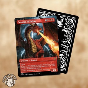 May include: A fantasy card featuring a red dragon breathing fire, titled "Scourge of Valkas." The card has a red border with text and a 4/4 power/toughness rating. A black card with white decorative elements is behind it.