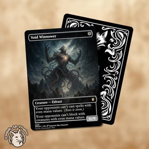 May include: A fantasy card featuring the creature "Void Winnower" with a dark, detailed illustration of a monster. The card has a black border and text describing its abilities. A second card with a decorative white design is visible.