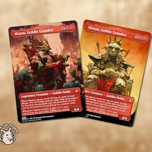 May include: A fantasy trading card featuring a goblin king, Muxus, Goblin Grandee, with a red and orange background. The card text describes the goblin's abilities and stats.