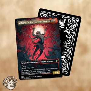 May include: A Magic: The Gathering card featuring Valgavoth, Harrower of Souls, an Elder Demon. The card has a dark, detailed illustration with a red and black color scheme. The card's back is black with a white decorative design. A small logo of a fox is in the lower left corner.