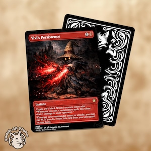 May include: A collectible card featuring a wizard with red energy blasts, titled "Vivi's Persistence." The card has a black border and a detailed illustration. The reverse side is black with white decorative patterns. A small logo of a fox is in the lower left corner.