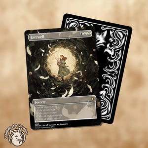 May include: A Magic: The Gathering card with a white background and a black border. The card is titled "Farewell" and is a sorcery card. The card art depicts a woman in a white dress walking away from a swirling vortex of white feathers. The card text reads: "Choose one or more - Exile all artifacts. Exile all creatures. Exile all enchantments. Exile all graveyards."