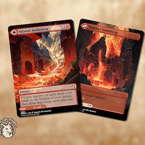 May include: Two Magic: The Gathering cards, "Valakut Awakening" and "Valakut Stoneforge", feature fiery landscapes. The cards have a red and brown color scheme with text and symbols. The "Valakut Awakening" card includes the text "Instant" and "Land".