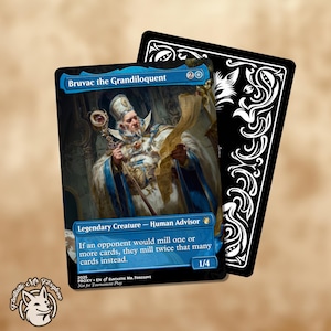 May include: A Magic: The Gathering card featuring Bruvac the Grandiloquent, a legendary creature. The card has a blue border with text and an illustration of a robed figure. A black card with white decorative elements is behind it.