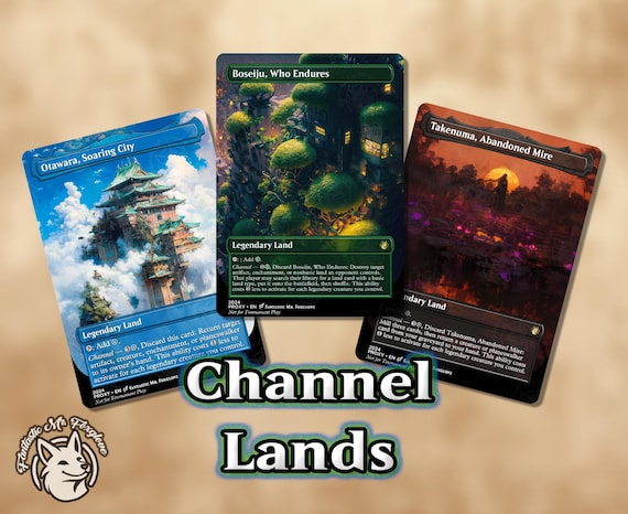3 Channel Lands | Proxy Cards — Otawara Soaring City, Boseiju Who Endures & Takenuma Abandoned Mire