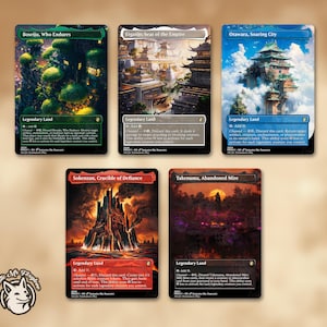 May include: Five Magic: The Gathering trading cards. The cards feature fantasy landscapes and structures, with titles like "Boseiju, Who Endures" and "Eiganjo, Seat of the Empire." Each card has a unique color scheme and design, with text at the bottom.