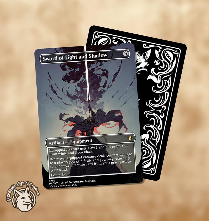 May include: A Magic: The Gathering card titled "Sword of Light and Shadow" with a fantasy illustration. The card features a dark figure wielding a sword, with text describing its abilities. A black card with white decorative patterns is behind it.