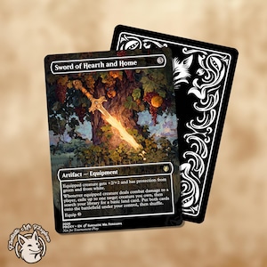 May include: A fantasy card titled "Sword of Hearth and Home" with a detailed illustration of a glowing sword in front of a tree with grapes. The card has a black back with a white decorative design. The card is labeled as an artifact and equipment.