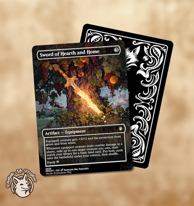 May include: A fantasy card titled "Sword of Hearth and Home" with a detailed illustration of a glowing sword in front of a tree with grapes. The card has a black back with a white decorative design. The card is labeled as an artifact and equipment.