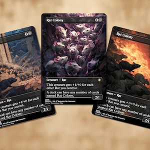 May include: Three "Rat Colony" Magic: The Gathering proxy cards. Each card features a different illustration of rats, with the text "Rat Colony" at the top. The cards have a black border and include game text.