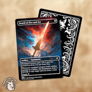 May include: A fantasy card titled "Sword of Fire and Ice" with a detailed illustration of a glowing sword. The card has a blue and red background, with the text "Artifact - Equipment" and game instructions. A black card back is visible.