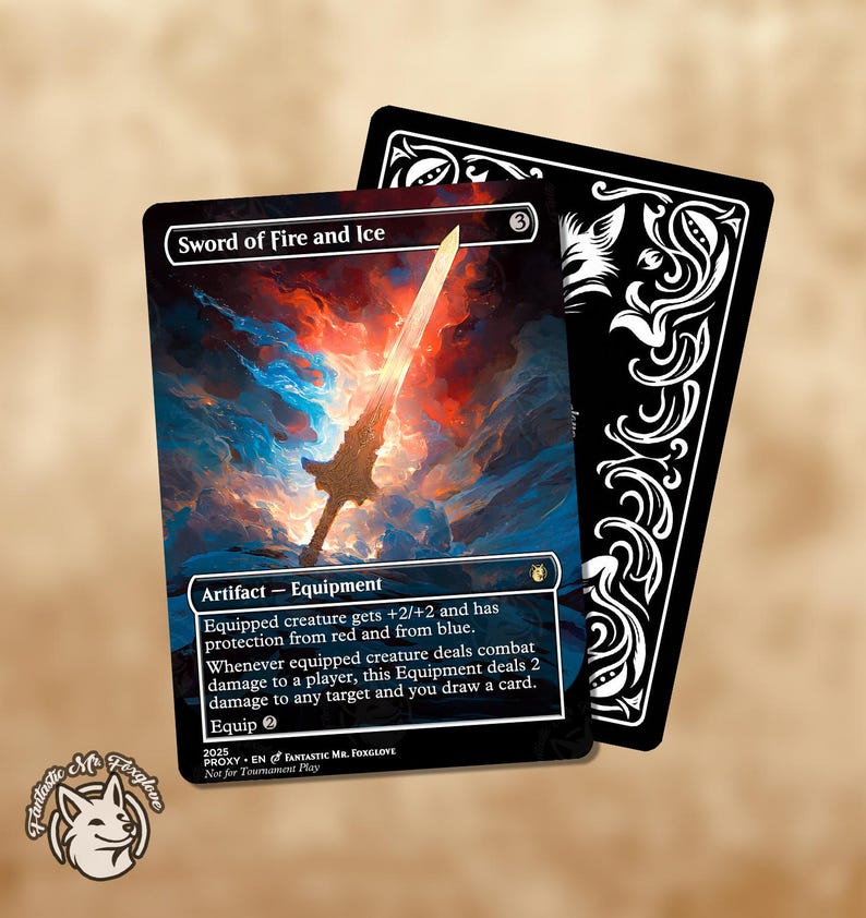 May include: A fantasy card titled "Sword of Fire and Ice" with a detailed illustration of a glowing sword. The card has a blue and red background, with the text "Artifact - Equipment" and game instructions. A black card back is visible.
