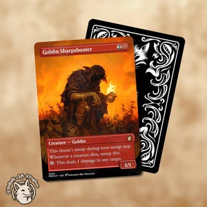 May include: A Goblin Sharpshooter card with a fiery background. The card features a goblin holding a flame, with text indicating it deals damage. A black card with white ornate designs is behind it. The card is labeled "Fantastic Mr. Foxglove."