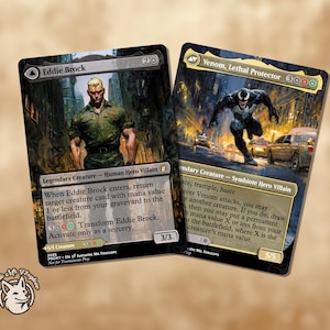 May include: Two collectible trading cards featuring comic book characters. One card depicts Eddie Brock in a green shirt, the other shows Venom. The cards have text and are set against a city backdrop.