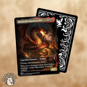 May include: A rectangular trading card titled Smaug the Impenetrable featuring a red dragon breathing fire over a pile of gold. The card text includes Legendary Creature Dragon, flying, indestructible, haste, and power/toughness stats of 8/7.