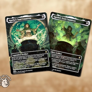 May include: Two collectible cards titled "Agatha's Soul Cauldron" featuring fantasy art. The cards have a green and black color scheme with illustrations of a woman, a cauldron, and text. The cards are labeled as "Legendary Artifact".