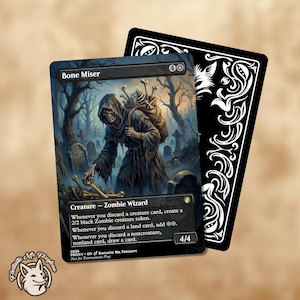 May include: A fantasy card featuring a hooded figure in a graveyard, labeled "Bone Miser." The card has a dark, detailed illustration with text describing its abilities. A black card with white decorative elements is behind it. The card is labeled "Fantastic Mr. Foxglove."