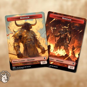 May include: Two fantasy art cards featuring Minotaurs. One card depicts a Minotaur with a bow and arrows, the other with an axe, both against fiery backgrounds. The cards have a red banner with the word "MINOTAUR".