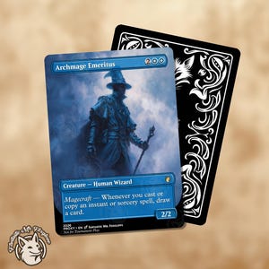 May include: A blue Archmage Emeritus card with a wizard illustration, a black card, and a white logo. The card text includes "Creature - Human Wizard" and "Magecraft". The card is a proxy and not for tournament play.