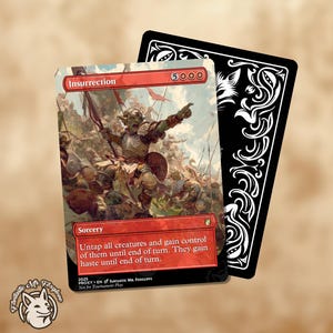 May include: A Magic: The Gathering card titled "Insurrection" featuring a fantasy battle scene with an orc leading an army. The card has a red border and text describing its sorcery effect. A black card with white decorative elements is behind it.
