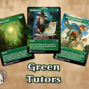 May include: Three Magic: The Gathering cards with green borders. The cards feature fantasy art and text, including "Green Sun's Zenith," "Worldly Tutor," and "Finale of Devastation." The cards are displayed on a light brown surface with the words "Green Tutors" below.