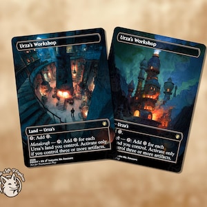 May include: Two "Urza's Workshop" trading card proxies. The cards feature detailed fantasy artwork of a workshop and a tall building with a fiery glow. The text on the cards includes "Land - Urza's" and "Metalcraft".