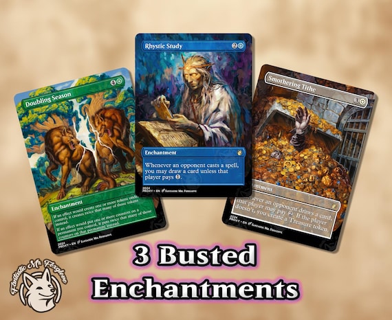 3+ Busted Enchantments | Proxy Cards — Rhystic Study, Smothering Tithe, Doubling Season +can add Procession, Remora, Breach, Necro & more!