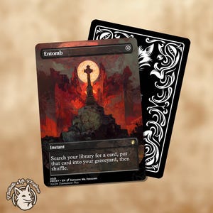 May include: A Magic: The Gathering card titled "Entomb" with a dark, gothic illustration of a graveyard under a full moon. The card text reads "Search your library for a card, put that card into your graveyard, then shuffle."