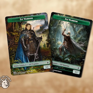 May include: Two fantasy art cards featuring Elf Warriors. One card depicts an elf in armor with a sword, a blue cape, and the text "Elf Warrior." The other shows an elf raising a sword in a forest setting. Both cards have a 1/1 power/toughness.