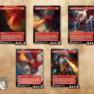 Op de afbeelding: Vijf verschillende kunstafdrukken van de kaart "Dragon's Approach" met illustraties van draken. Elke kaart heeft een rode rand en de tekst "Dragon's Approach" bovenaan. De kunststijlen variëren, met draken in vlucht en vuur spuwend.