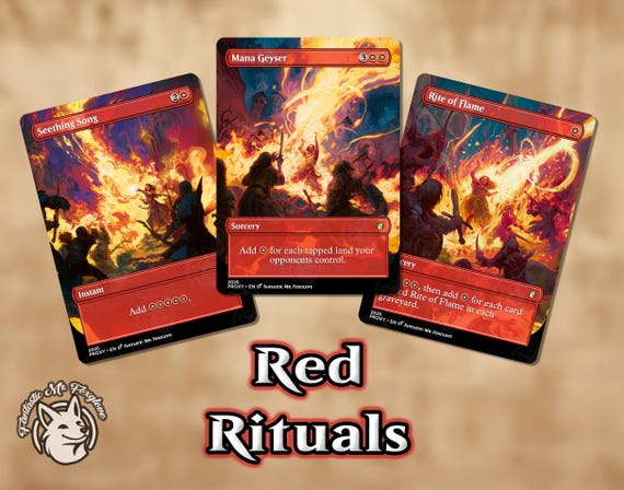 3 Red Rituals | Proxy Cards — Mana Geyser, Seething Song, Rite of Flame