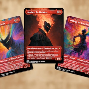 Puede incluir: Tres cartas proxy de Magic: The Gathering con Ashling, the Limitless. Las cartas tienen ilustraciones vibrantes y coloridas con una combinación de colores rojo y negro. Las cartas están etiquetadas como Criatura Legendaria - Hechicero Elemental.
