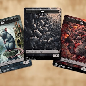 May include: Three fantasy art cards featuring rats. One card shows a gray rat by a lake with a castle in the background. The other two cards depict swarms of rats in dark settings. Each card has the word "RAT" at the top.