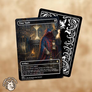 May include: A fantasy card featuring a robed figure holding an hourglass, labeled "Time Vault." The card has a detailed illustration with a dark, atmospheric setting. A second card with a decorative black and white design is visible.