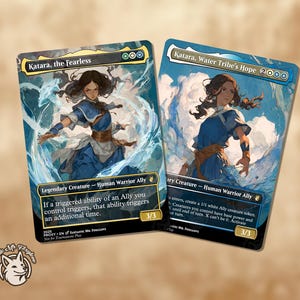 May include: Two collectible trading cards featuring Katara from Avatar: The Last Airbender. The cards display artwork of Katara in a blue outfit, with text that reads "Katara, the Fearless" and "Katara, Water Tribe's Hope 2000". The cards are labeled as Legendary Creature - Human Warrior Ally.