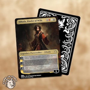 Op de afbeelding: Een verzamelkaart met "Dihada, Binder of Wills" met een portret van een vrouw in een rode en zwarte outfit. De kaart heeft een gouden rand en tekst die de vaardigheden beschrijft. Een zwarte achterkant van de kaart is zichtbaar.