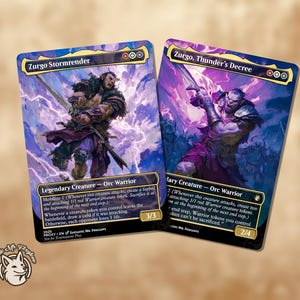 May include: Two fantasy trading cards depicting Orc warriors. The cards are titled "Zurgo Stormrender" and "Zurgo, Thunder's Decree." The artwork features Orcs in action, set against a purple and blue background, with text and stats.
