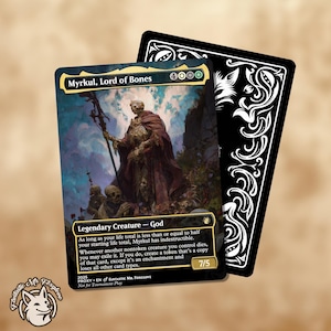 May include: A fantasy card featuring "Myrkul, Lord of Bones," a Legendary Creature God. The card has a dark, detailed illustration of a skeletal figure in a maroon robe, holding a staff. The card's text is visible, along with a black card back.