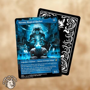 May include: A collectible card featuring the character "Merata, Magical Hacker." The card has a blue and black color scheme with detailed artwork of a futuristic scene. The card's back is black with a white decorative design. A small logo of a dog is in the bottom left.
