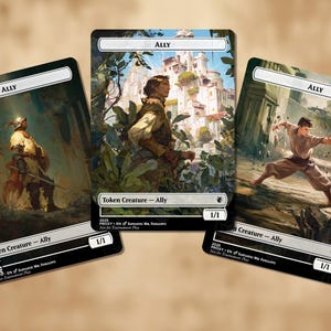 Puede incluir: Tres cartas de arte fantástico con la palabra "ALLY" en la parte superior. Las cartas representan un caballero, una persona en un bosque y una persona en una postura de artes marciales. Cada carta tiene un indicador "1/1".