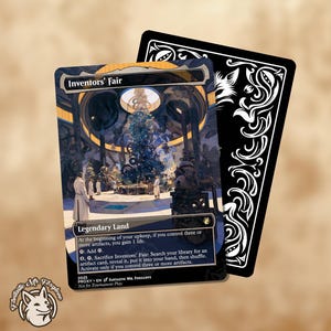 May include: A collectible card featuring the text "Inventors' Fair" with a detailed illustration of a grand hall. The card is a "Legendary Land" with game instructions. A black card with white ornate designs is behind it.