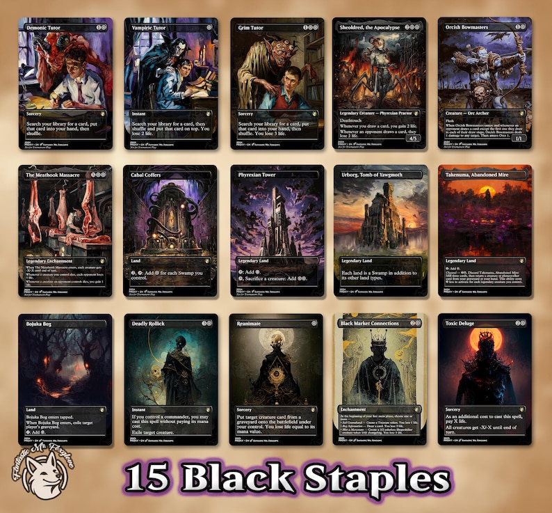 Black Staples | Up to 75 Proxy Cards! — Demonic, Grim, Vampiric Tutor, Sheoldred the Apocalypse, Bowmasters, Meathook, Coffers, more 15 Staples