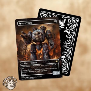 May include: A Reaver Titan card depicting a detailed war machine, with text including "Gatling Blaster" and "Void Shields." The card is set against a blurred background and includes a "Fantastic Mr. Foxglove" logo.